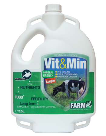 Vit & Min Cattle Mineral Drench with Copper - Highly concentrated liquid supplement containing the full spectrum of
nutrients required to maintain cattle in peak condition all year round
