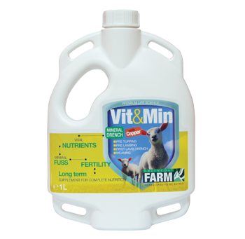 Vit & Min Lamb Mineral Drench with Copper - Highly concentrated liquid supplement containing the full spectrum of nutrients required to maintain sheep and lambs in peak condition all year round
